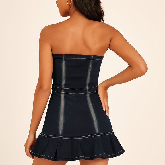 New Micas Strapless Denim Mini Dress with Ruffle Hem - Picture 3 of 4